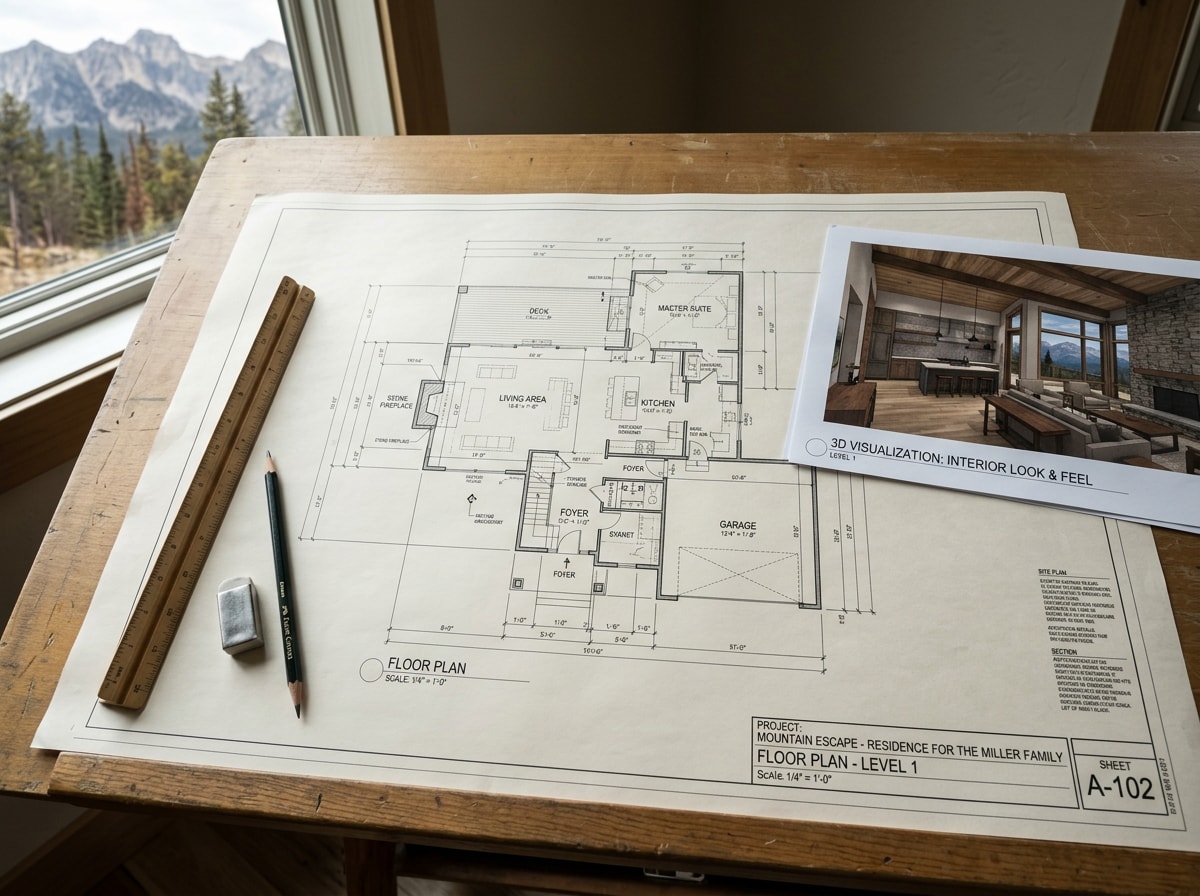 Custom home floor plan and elevation rendering for a South Fork, CO mountain property