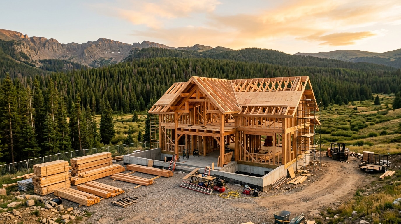 Custom home under construction in a Colorado mountain valley near South Fork Custom home under construction in a Colorado mountain valley near South Fork